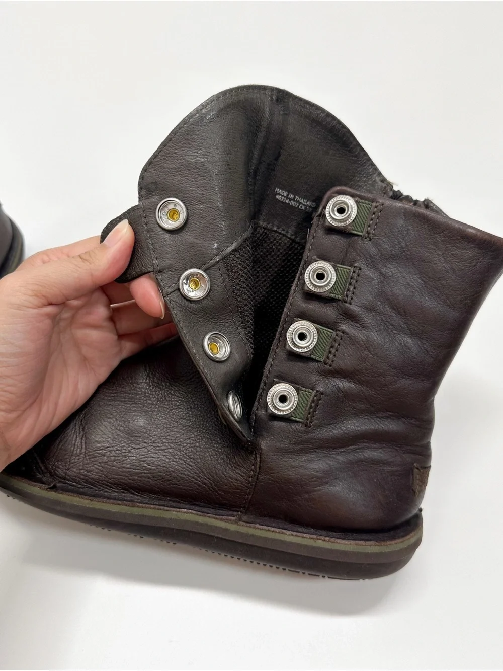 Camper Beetle Leather Side Snap Ankle Boots in Dark Brown and Green